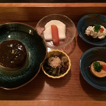 Yoichi's - radish with red bean sauce, mountain vegetables, daikon radish with egg roe, monkfish liver, cod eggs (the brainy white one) - Japanese Near Me - Santa Barbara, California Yoichi's - radish with red bean sauce, mountain vegetables, daikon radish with egg roe, monkfish liver, cod eggs (the brainy white one) - Japanese Near Me - Santa Barbara, California