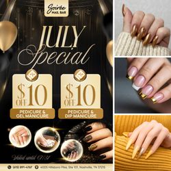 Soirée Nail Bar - JULY SPECIALS ALERT!
$10 OFF Pedicure & Gel Manicure
$10 OFF Pedicure & Dip Manicure
Valid now through July 31, 2025