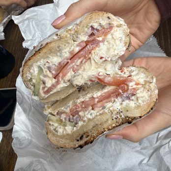 Utopia Bagels - Bagel with the olive cream cheese, tomato, onion, cucumber. - Bagels Near Me - New York, New York Utopia Bagels - Bagel with the olive cream cheese, tomato, onion, cucumber. - Bagels Near Me - New York, New York