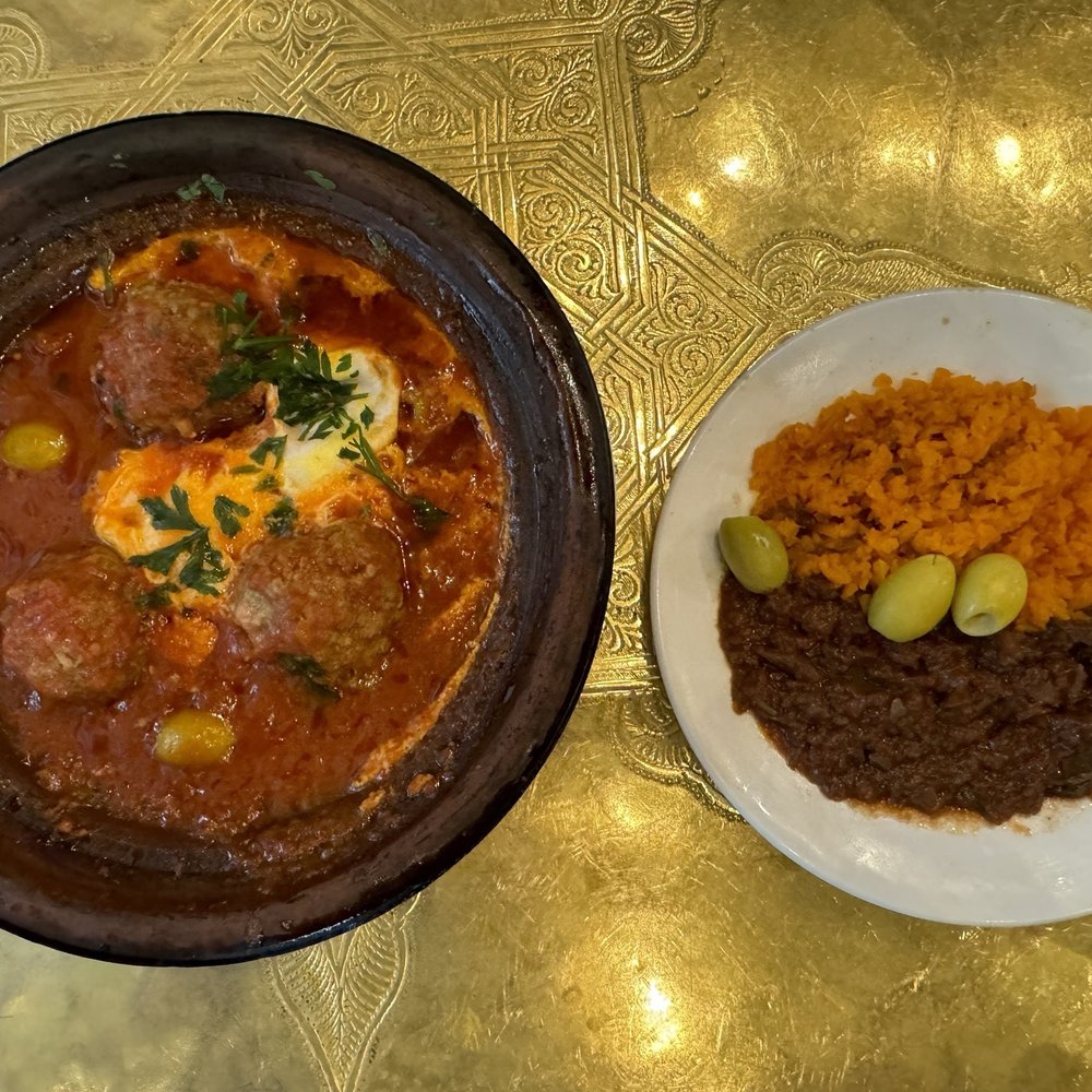 La Mosquée - Meatball tagine (left) and carrot and eggplant salad (right) - Moroccan Near Me - Paris, 75 La Mosquée - Meatball tagine (left) and carrot and eggplant salad (right) - Moroccan Near Me - Paris, 75