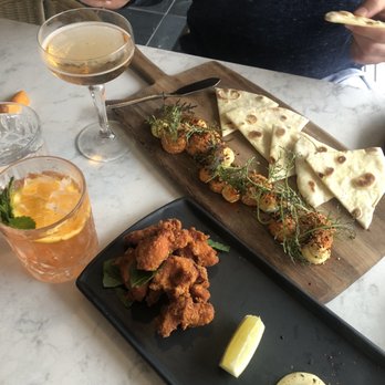 The Pearl Hotel - japanese fried chicken and red pepper hummus. Amazing - San Diego, CA