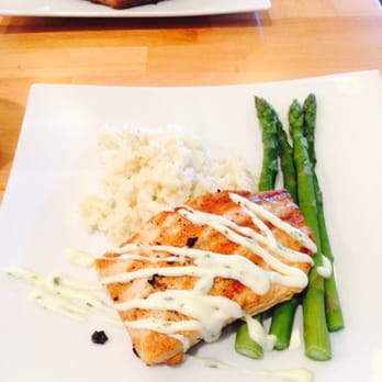 Blue On Highland - The amazing seasoned salmon with Parmesan risotto and asparagus! - New American Near Me - Needham, Massachusetts