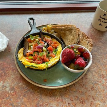 Over Easy At The Depot - Spinach & Portobello Mushroom skillet with wheat toast, potatoes and fresh fruit cup - Breakfast & Brunch Near Me - Kent, Ohio
