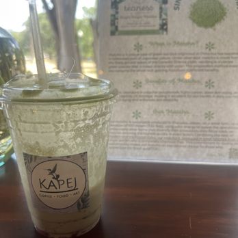 Kapej - The end of my tres leches strawberry matcha with an info sheet on the matcha that they source (maybe) - Coffee & Tea Near Me - San Antonio, Texas