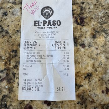 El Paso Tacos & Tequila - Bethzaida A. Was an excellent server - Bars Near Me - Lilburn, Georgia