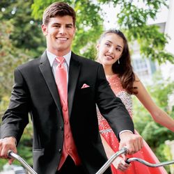 Angelo Italy Formal Wear - The Tuxedo Place - Black with red accessories Tux - Tuxedo Rental - Slim Fit Tux - Prom, weeding, chambelan, formal wear