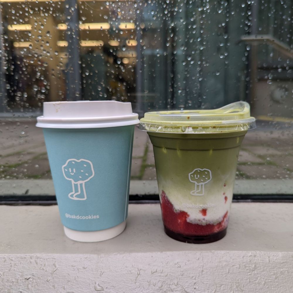 BAK’D Cookies - Iced Matcha Strawberry Latte on the right - Desserts Near Me - New Westminster, British Columbia BAK’D Cookies - Iced Matcha Strawberry Latte on the right - Desserts Near Me - New Westminster, British Columbia