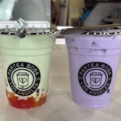 Partea Boba - Melon smoothie with rainbow jelly, and Taro Milk Tea no boba