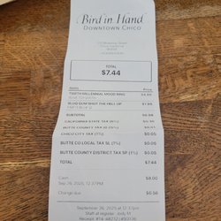 Bird In Hand - September 26th receipt