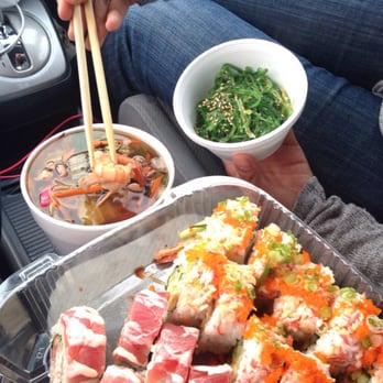 Harumi Sushi - Sexy sexy roll and ebi carnival with crab and onion on top. Seafood u don soup and a side seaweed salad. All around $38 in total - Sushi Bars Near Me - Seaside, California
