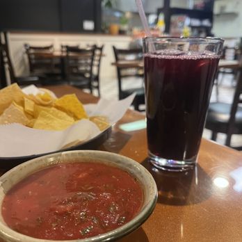 Peru Taco Bar - Chips & salsa (& chica Chicha Morada Vaso) - Mexican Near Me - Dublin, Ohio