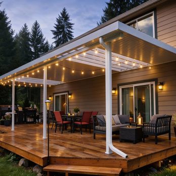 Sound Patio Solutions - Covered wooden deck with patio furniture and string lights - Patio Coverings Near Me - Edgewood, Washington Sound Patio Solutions - Covered wooden deck with patio furniture and string lights - Patio Coverings Near Me - Edgewood, Washington