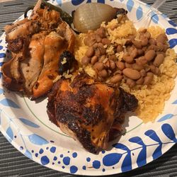 Pollos Asados Don Jose - 2 chicken thighs, rice and beans with the grilled onion!
