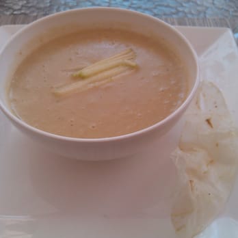 Society Table - Creamy Celery Root & Yucca soup with Shaved Granny Smith Apple on top & "Yucca Chips" on the right. - Cafes Near Me - St. Pete Beach, Florida