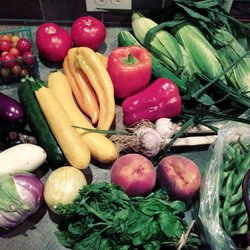 Field to Fork Tehama - Colorful produce box, with a variety of eggplant, and the best peaches I've ever eaten. (Box from order in Fall 2019.)