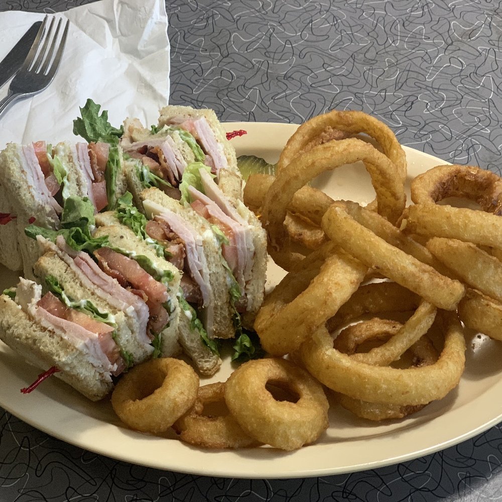Mel's Diner - Club sandwich with Turkey and ham, and onion rings - Diners Near Me - Phoenix, Arizona