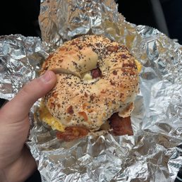 bacon egg and cheese on an everything bagel