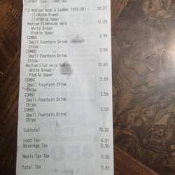 Firehouse Subs Nolan River Mall Cleburne - My receipt for the meal.