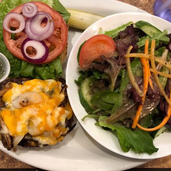 Elm Street Café Grill - Mushroom, Onion & Cheese Burger w side house salad. - Breakfast & Brunch Near Me - Grimsby, Ontario Elm Street Café Grill - Mushroom, Onion & Cheese Burger w side house salad. - Breakfast & Brunch Near Me - Grimsby, Ontario