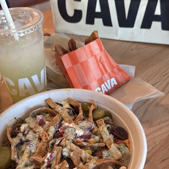 CAVA - Bowl, Cucumber Lime Drink and Pita Chips - Mediterranean Near Me - Hialeah, Florida