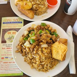 Top plate: sweet and sour pork lunch special. Bottom plate: Black pepper chicken lunch special.