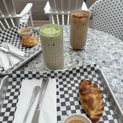 Oli’s Cafe - Iced Strawberry Matcha, Iced Latte, Chorizo & Huevo Empanada, Bacon & Egg Empanada
