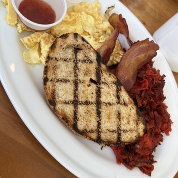 Harbor Breakfast - Eggs bacon sourdough bread and beet sweet potato hash - Diners Near Me - San Diego, California Harbor Breakfast - Eggs bacon sourdough bread and beet sweet potato hash - Diners Near Me - San Diego, California