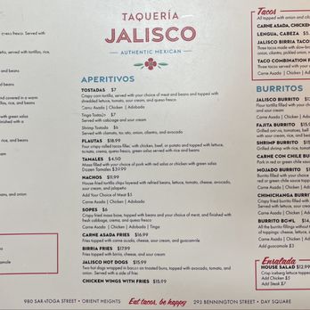 Taqueria Jalisco - Menu (1/2) as of 8/8/26 - Mexican Near Me - Boston, Massachusetts Taqueria Jalisco - Menu (1/2) as of 8/8/26 - Mexican Near Me - Boston, Massachusetts