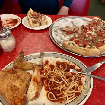 Tobin's Pizza - a plate of spaghetti, chicken, and pizza - Pizza Near Me - Bloomington, Illinois Tobin's Pizza - a plate of spaghetti, chicken, and pizza - Pizza Near Me - Bloomington, Illinois