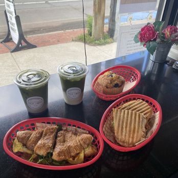New York Beanery - Iced Blueberry Matcha, Iced Coconut Matcha Latte, Ground Central Egg Sandwich, Village Special Panini, and Blueberry Muffin - Coffee & Tea Near Me - Amityville, New York