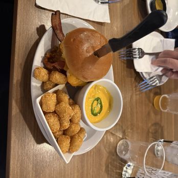 Slater's 50/50 - Grits and shrimp burger with tots - Burgers Near Me - Las Vegas, Nevada