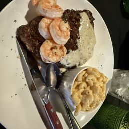 Steak with shrimp...no seasoning on shrimp. Blue cheese added to the steak...already melted when arrived. Steak with shrimp...no seasoning on shrimp. Blue cheese added to the steak...already melted when arrived.