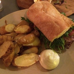 Steak sandwich, pickled onions, rocket, beets with kiflers potatoes and a mustard aoli....