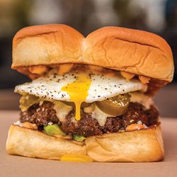 Dog Haus Biergarten - Lincoln Park - LITTLE MULE - white american cheese, avocado, pickled jalape-os, cotija cheese, fried egg, chipotle aioli