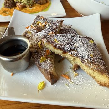 Orchard City Kitchen - Pumpkin French toast in the front and salmon dish in the back - New American Near Me - Campbell, California Orchard City Kitchen - Pumpkin French toast in the front and salmon dish in the back - New American Near Me - Campbell, California