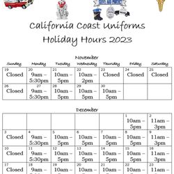 California Coast Uniform Company - 2023 Holiday Hours