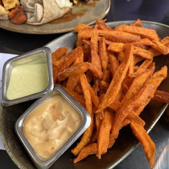 Root Down - Sweet Potato Fries with sauces (so yummy!) - New American Near Me - Denver, Colorado