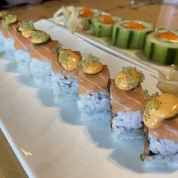 Kamikaze Roll, no white tuna, sub salmon