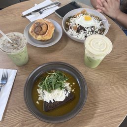 suadero chilaquiles, mango matcha, horchata matcha, and mushroom tetela suadero chilaquiles, mango matcha, horchata matcha, and mushroom tetela