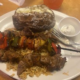 This is my steak kabobs---so delicious. The potato was coated with salt! I loved that! Also so delicious. This is my steak kabobs---so delicious. The potato was coated with salt! I loved that! Also so delicious.