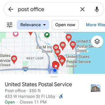 US Post Office - Map displays USPS locations in Chicago, with many marked as closed and one at 433 W Harrison St, 350 ft away, open until 11 PM. The map includes postal service icons and a blue dot indicating the user's location. - Post Offices Near Me - Chicago, Illinois