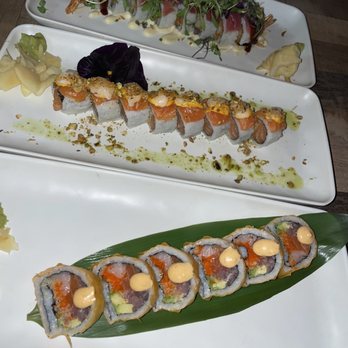 Moshi Moshi - Top: red dragon roll Middle: lychee salmon roll  Bottom: Moshi Moshi Roll - Sushi Bars Near Me - Miami Beach, Florida