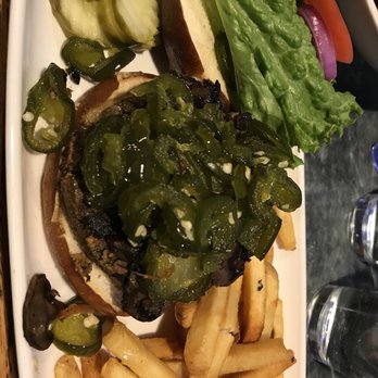 Dillon Dam Brewery - Veggie burger with candied jalapeños and mushrooms! - American Near Me - Dillon, Colorado