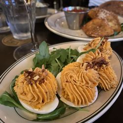 Red pepper duck confit deviled eggs