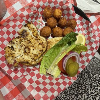 Tonys Chowder House - Grilled cod sandwich with hush puppies - Seafood Near Me - Mount Dora, Florida