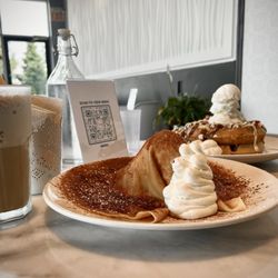 Caramel Cafe - OH Churro with crepe, caramel frappe, and waffle tower.