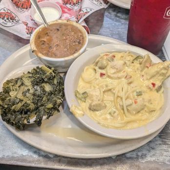 Norma's Cafe - The special of the day was chicken tetrazzini. I also got greens and black eyed peas. - Cafes Near Me - Frisco, Texas