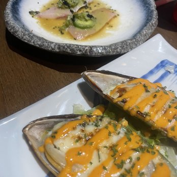 Umiya - Yellowtail on fire and baked mussels. - Sushi Bars Near Me - San Antonio, Texas