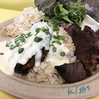 Guava Smoked - Half Kal bi and half hamburger steak plate - Barbeque Near Me - Honolulu, Hawaii