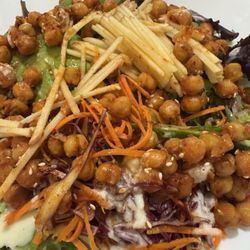 Chick peas, apple slices, brown rice, greens, avocado.